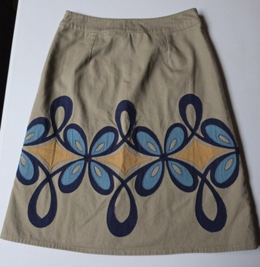Boden Beige Blue Geometric Embroidered Lined A-Line Knee Skirt Women US 4 - Picture 3 of 3